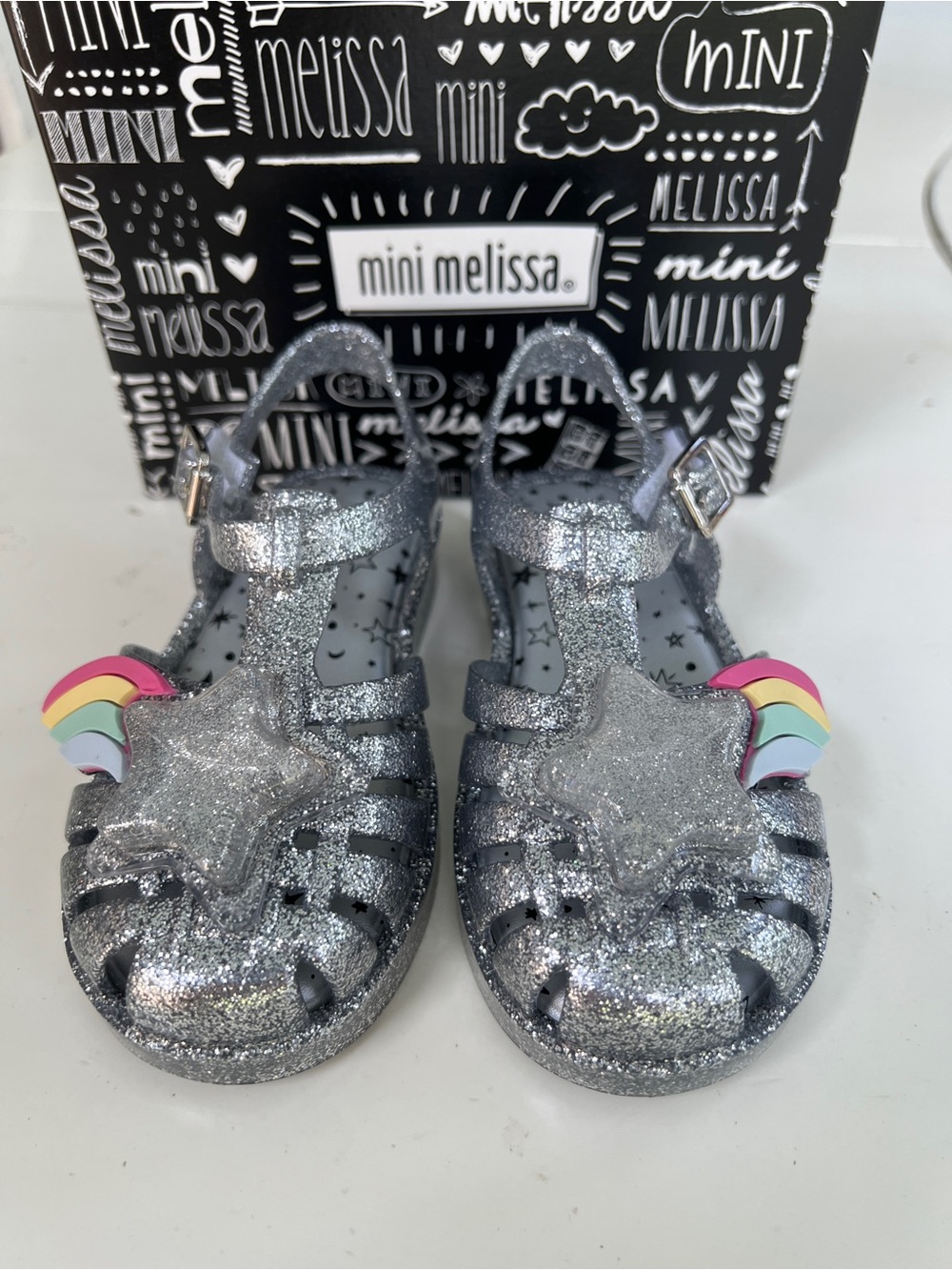 Mini Melissa Silver Glitter Jelly Sandals with Rainbow Accent Size 9